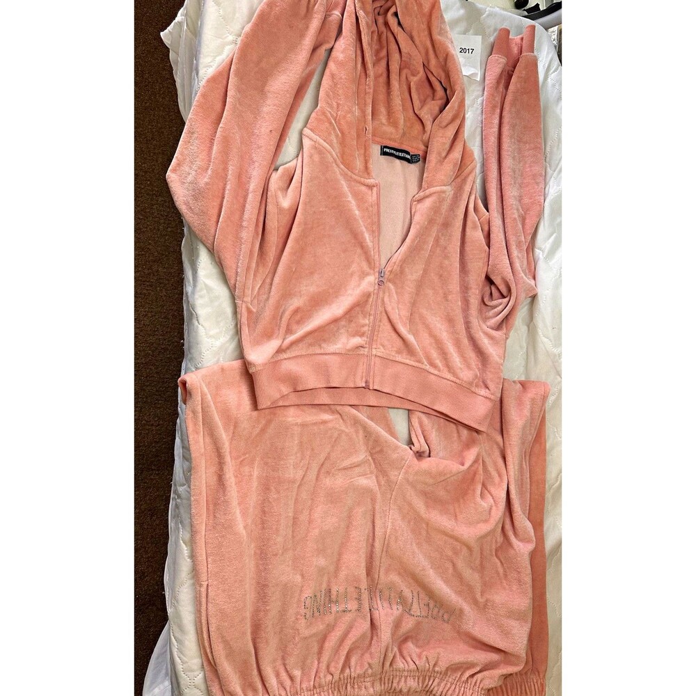 PrettyLittleThing Pink Velour 2pc Tracksuit Set Zip Hoodie Joggers Pockets